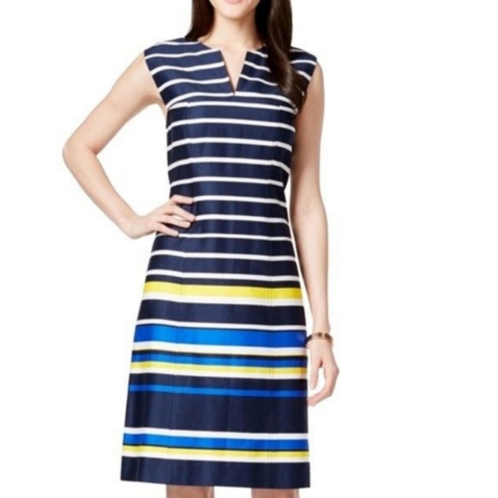 NWT! Tommy Hilfiger Navy Yellow Striped Print Sleeveless Sheath Dress 10